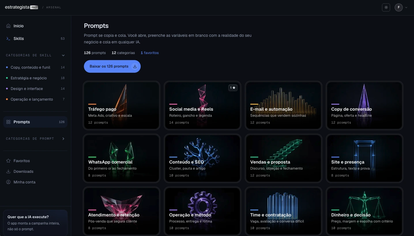 Da lista de categorias até o prompt aberto, com os campos para preencher