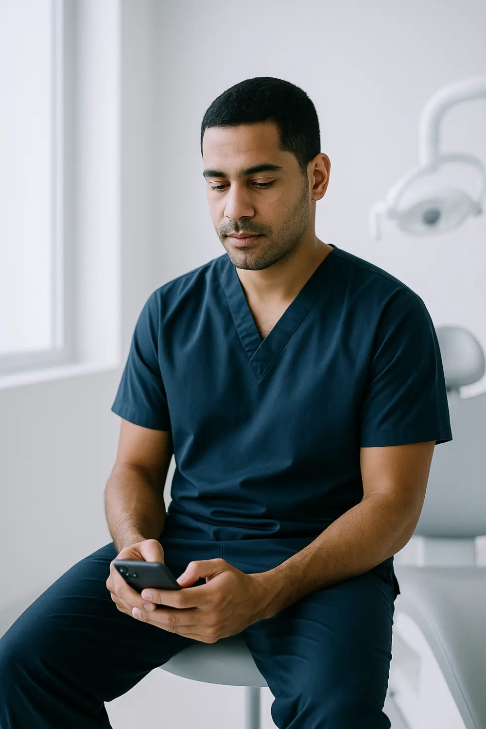 Dentista confere o celular entre um atendimento e outro