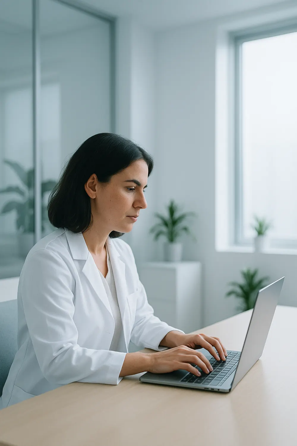 Médica escreve a legenda de um post no notebook