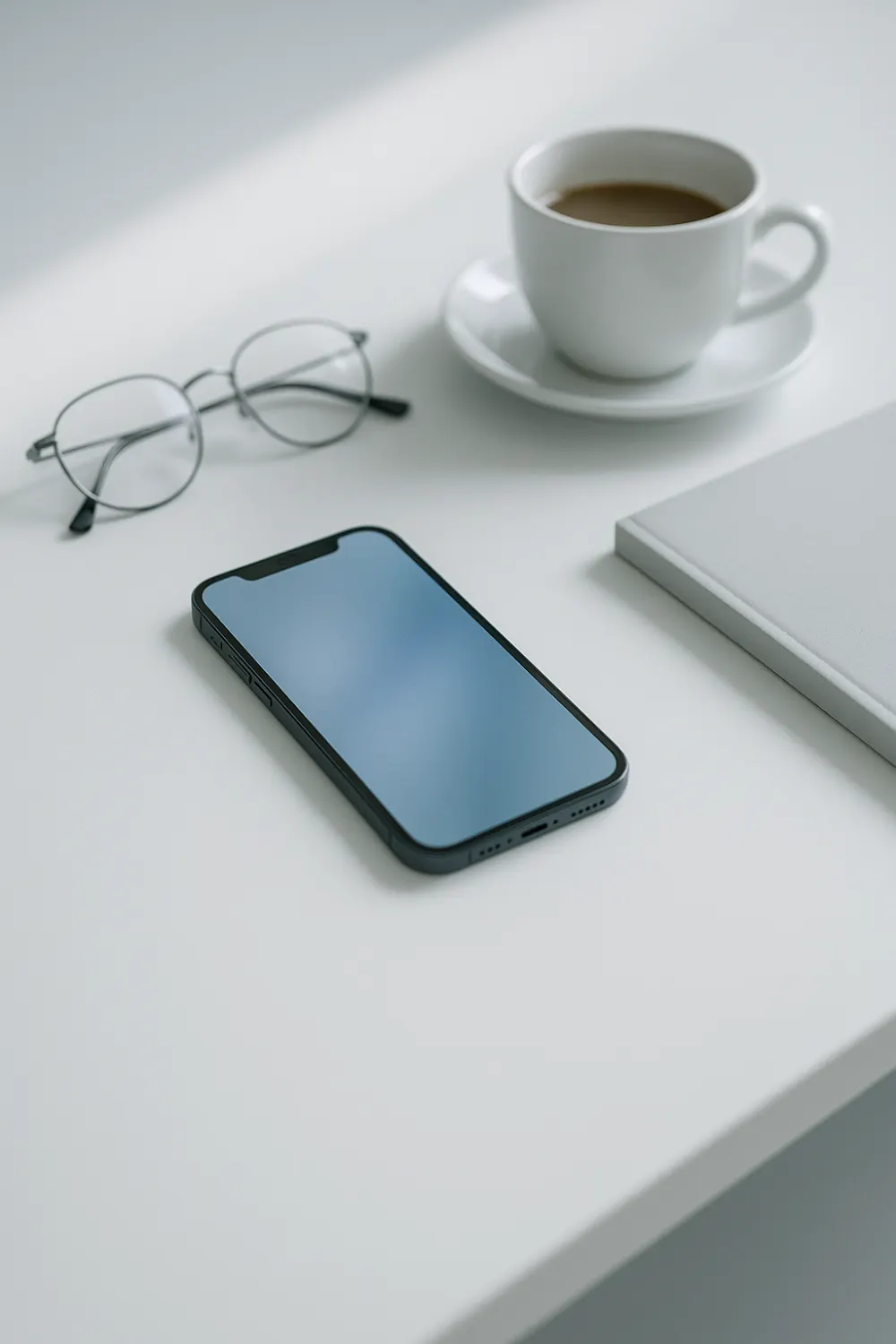 Celular sobre a mesa do consultório, ao lado dos óculos e do café