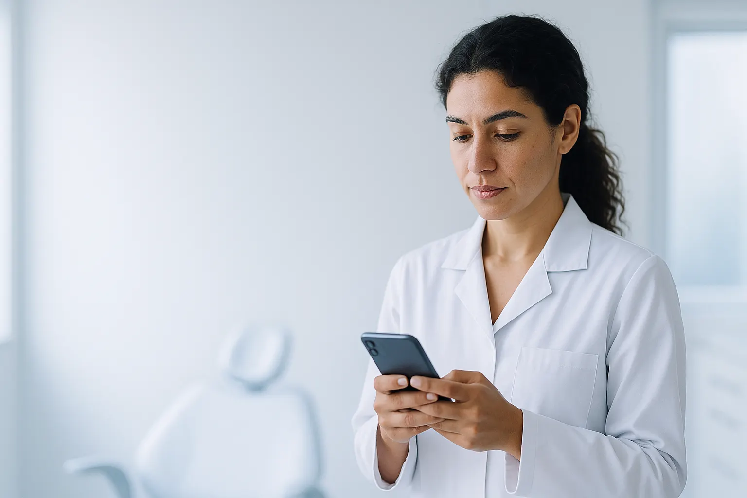 Dentista confere no celular a legenda de um post, no consultório