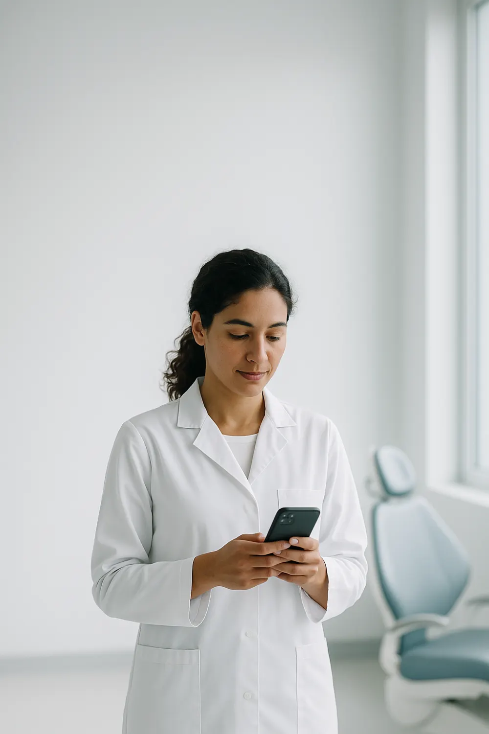 Dentista confere no celular a legenda de um post, no consultório
