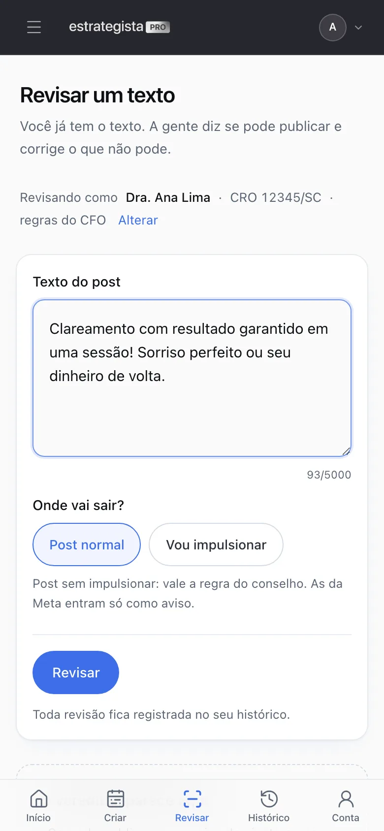 Tela do Clinical com a legenda colada, pronta para revisar