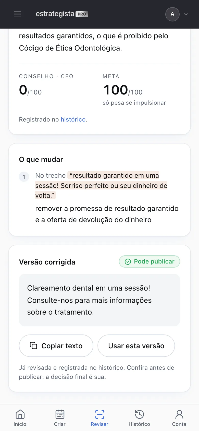 Tela do Clinical com a versão corrigida e o selo Pode publicar