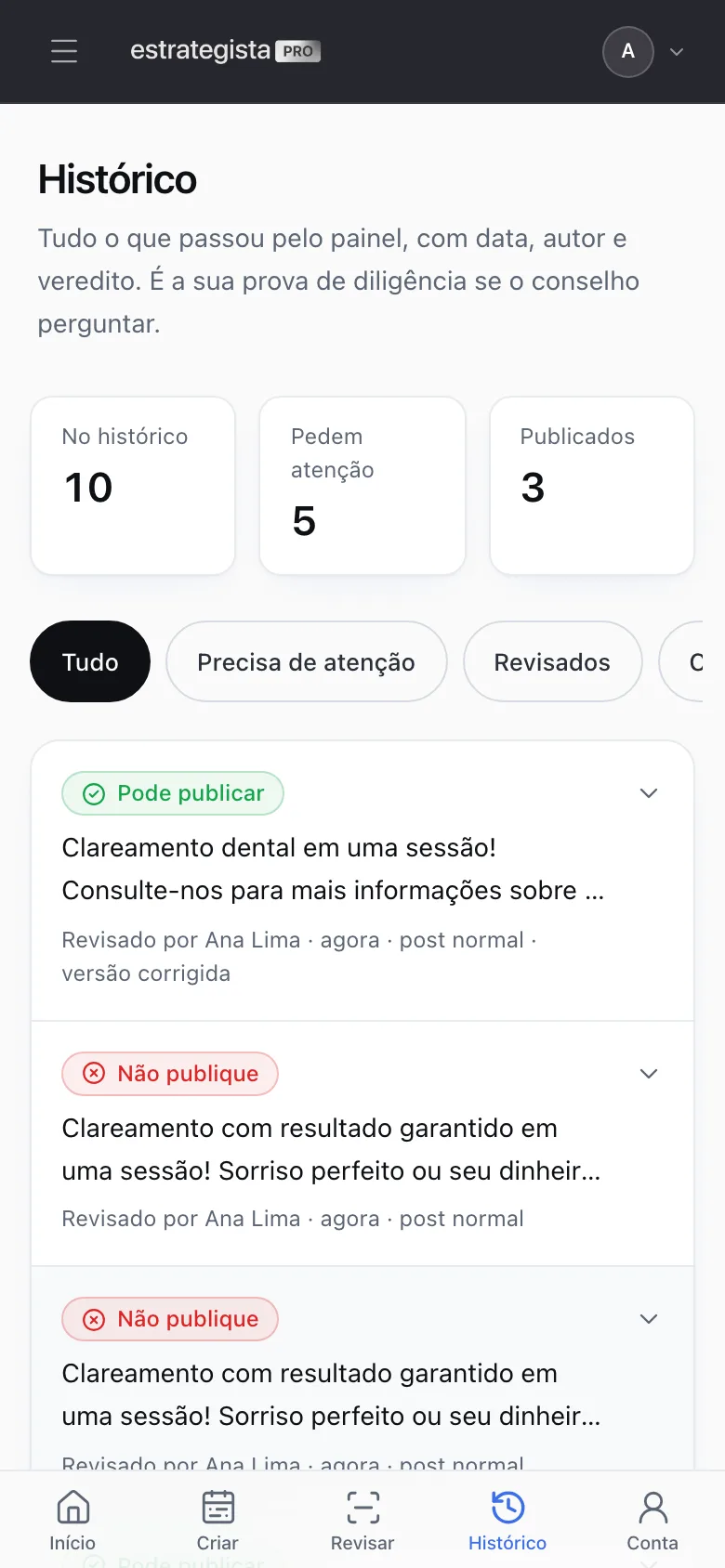 Tela do histórico do Clinical com as revisões e seus selos